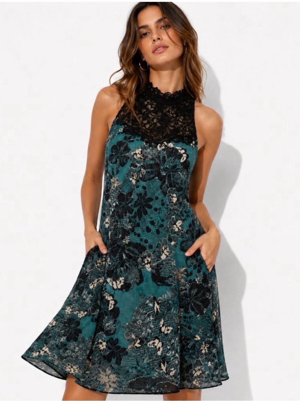 🦄 HOST PICK! Maeve Anthropologie Sleeveless A-line Dress in Teal and Black